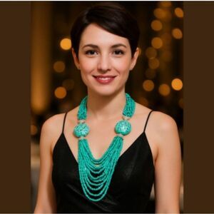 Boho Faux Turquoise Long Multi Strand Beaded Necklace With Circles